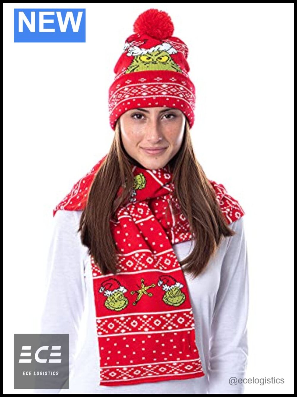 Grinch Knit Scarf & Pom Beanie Set Acrylic Winter Holiday Gift